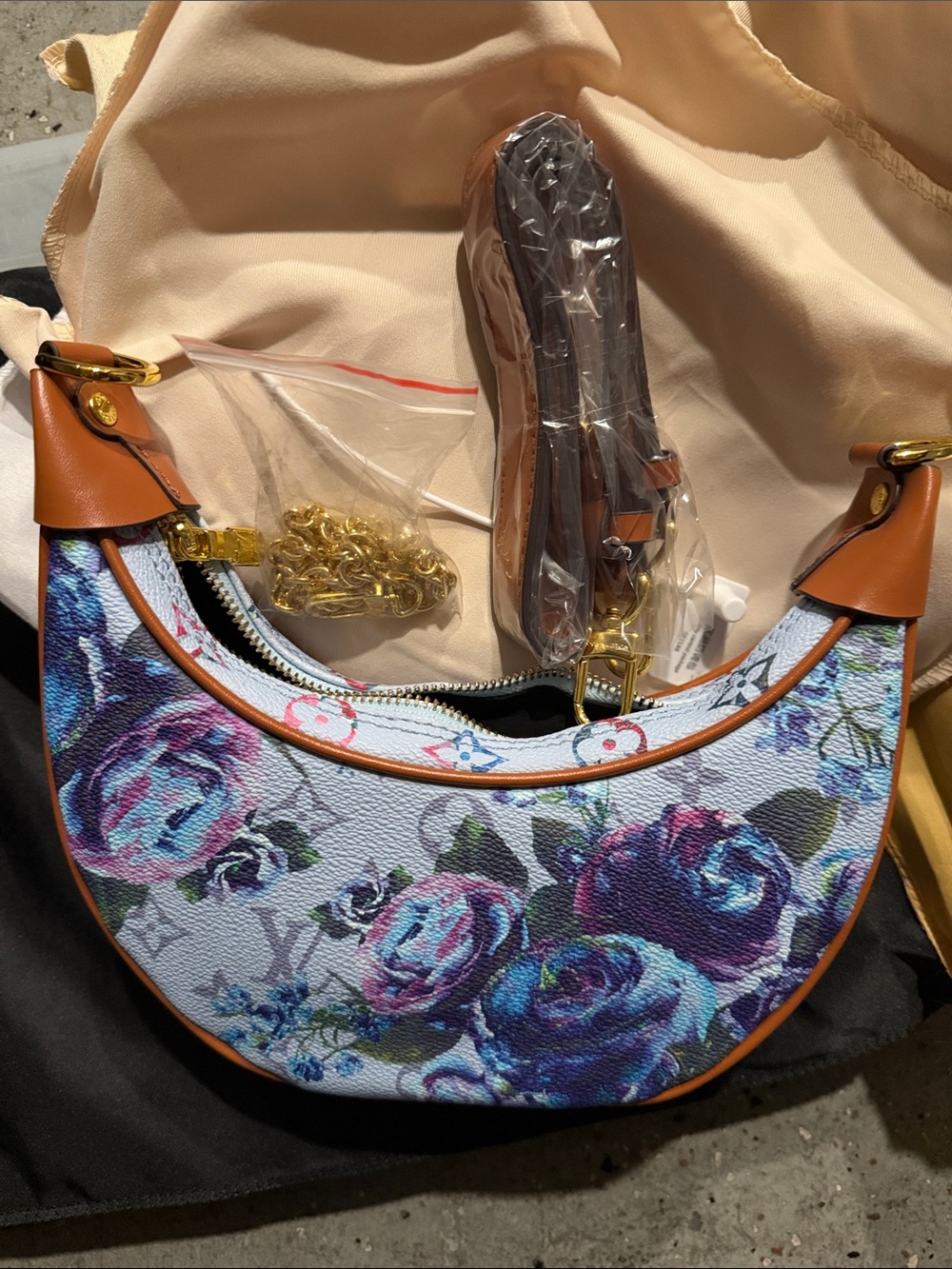 Floral Crescent Mini Bag with Brown Trim